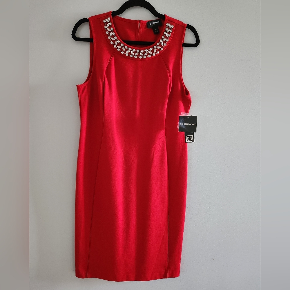 NWT Liz Claiborne Red Dress with Crystal Studded Neckline.  Size S